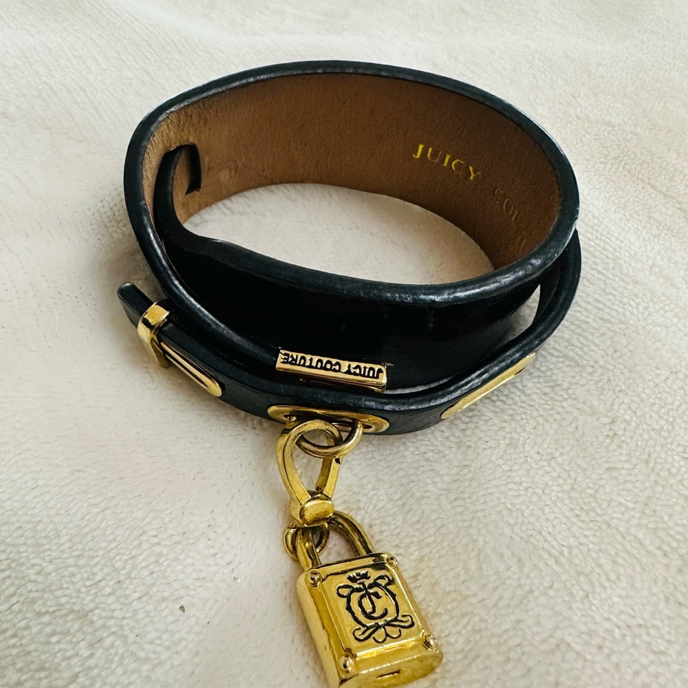 Juicy Couture Black Leather Wrap Bracelet with Gold Charm